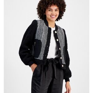 Avec Les Filles Mixed-Media Sherpa-Trim Bomber Jacket. Size M. NWT. MSRP $149